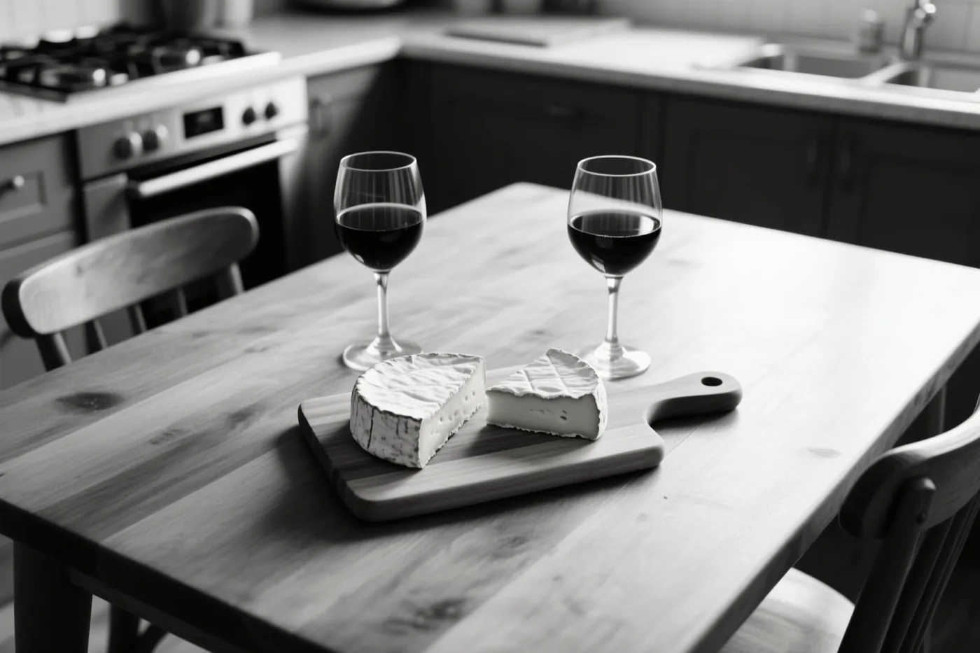 Een zwart-witfoto toont twee glazen rode wijn en een kaasplank met een ronde kaas en een stuk kaas op een houten keukentafel, met kasten en een fornuis op de achtergrond.