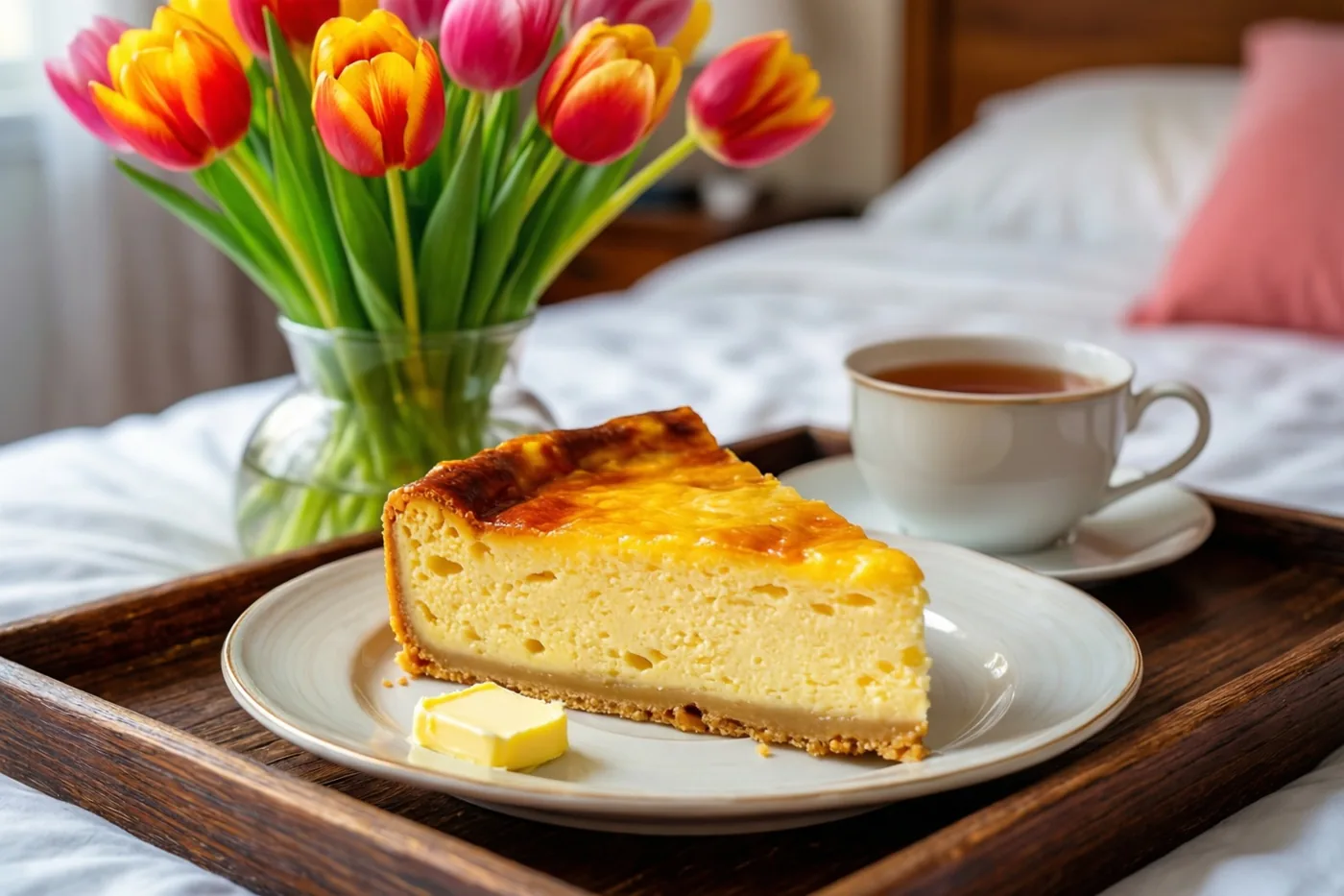Een stuk kaastaart met een klontje boter staat op een wit bord naast een kop thee op een houten dienblad op bed, met een vaas kleurrijke tulpen erbij.