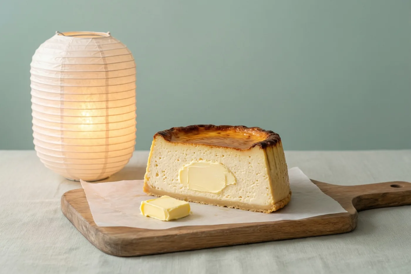 Een stuk romige kaastaart met een klontje boter ligt op bakpapier op een houten snijplank, met een brandende papieren lantaarn voor een zachtgroene muur.