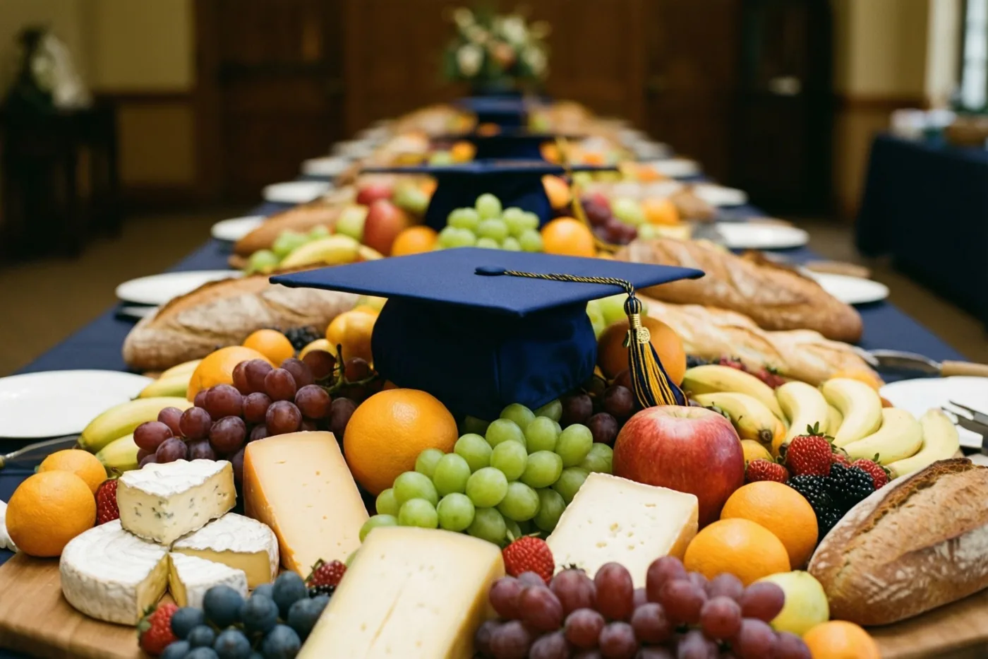 Een lange tafel vol kaas, fruit en brood is geschikt rond een blauw afstudeerhoedje in een warm verlichte binnenruimte met houten elementen.