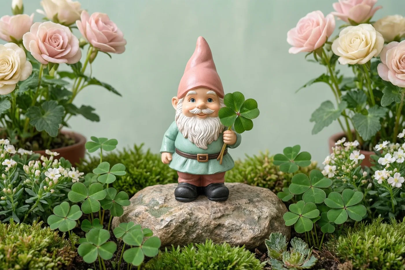 Een tuinkabouter met een roze muts en witte baard houdt een klavertjevier vast op een steen tussen roze en witte rozen, klaver, mos en kleine witte bloemen.