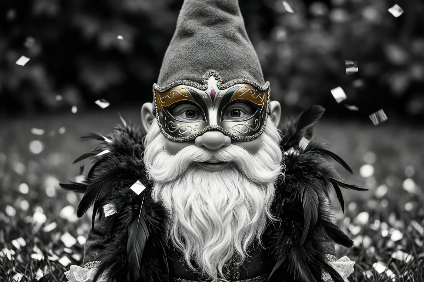 Een tuinkabouter met een lange witte baard, een sierlijk masker en een zwarte verenboa staat tussen vallende confetti, met alleen de gouden en rode maskerdetails in kleur.