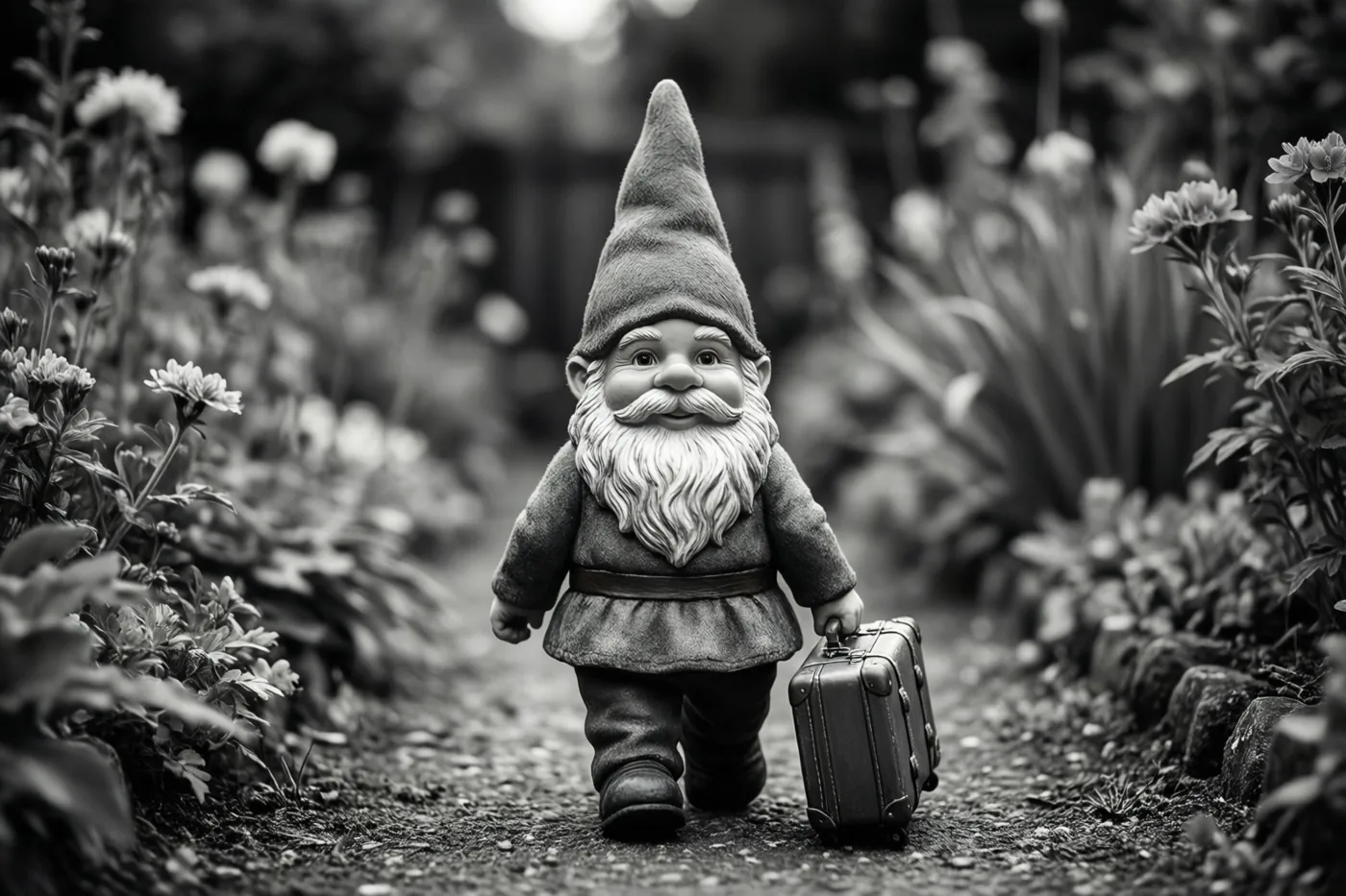 Op een zwart-witfoto loopt een tuinkabouter met een lange baard en puntmuts over een grindpad in een tuin, met een kleine koffer achter zich.