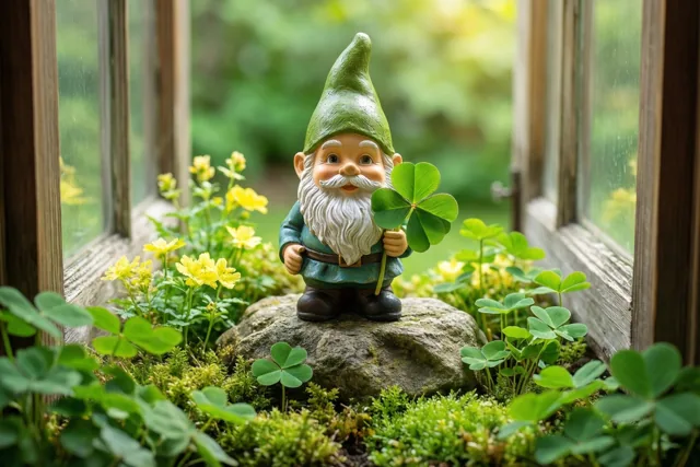 Een tuinkabouter met een groene muts en witte baard staat met een klavertjevier op een bemoste steen tussen gele bloemen en klaverplanten.