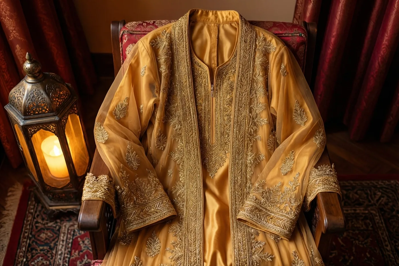 Een kaftan met goudborduurwerk hangt over een houten stoel met rood gedessineerde bekleding naast een lichtgevende lantaarn, met rode gordijnen en een tapijt met patronen op de achtergrond.