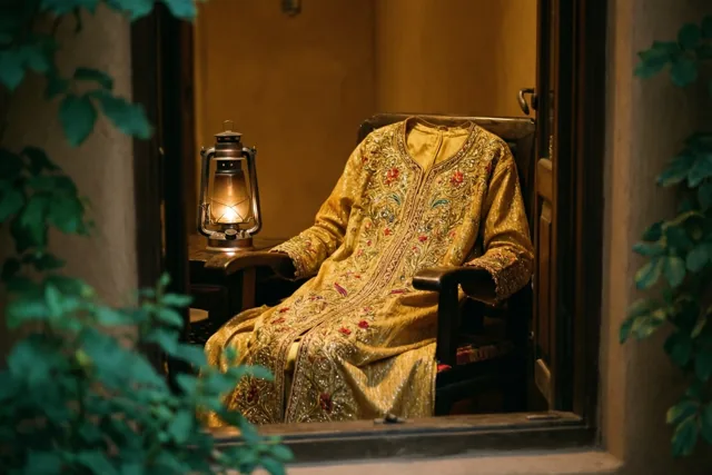 Door een raam is een kaftan met goudborduurwerk over een houten stoel naast een brandende lantaarn in een warm verlichte kamer te zien, met groen op de voorgrond.