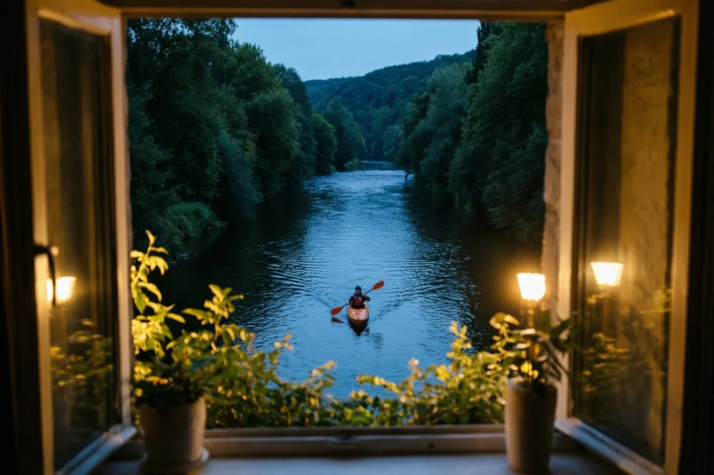 Door een open raam met warm binnenlicht en potplanten is iemand in een kajak op een kronkelende rivier tussen dichte bossen te zien.