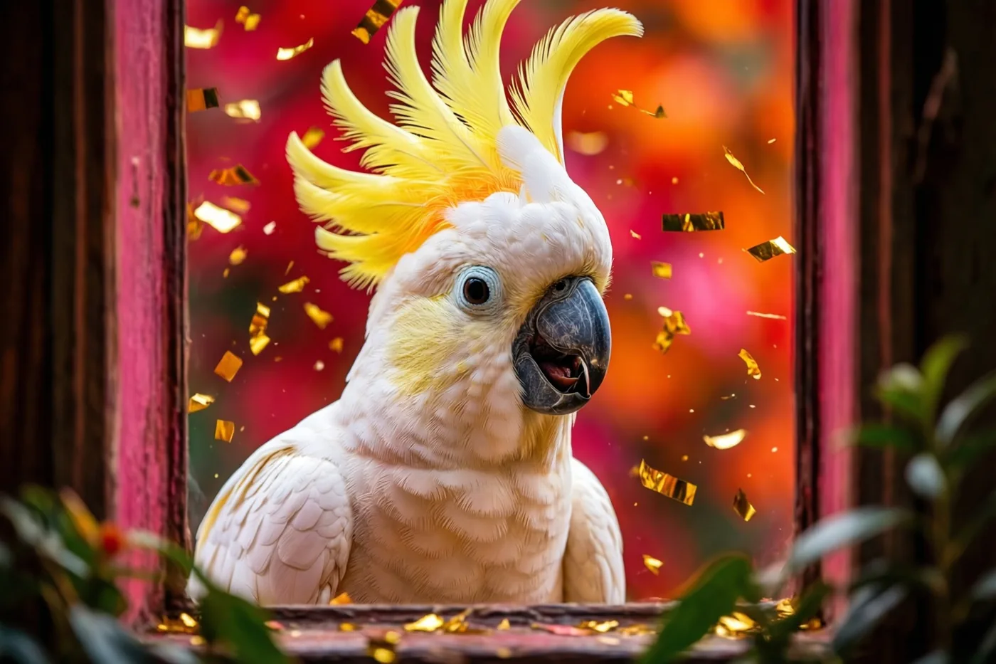 Een witte kaketoe met opgezette gele kuif kijkt vanuit een raam naar buiten, tussen vallende gouden confetti tegen een rode en oranje achtergrond.