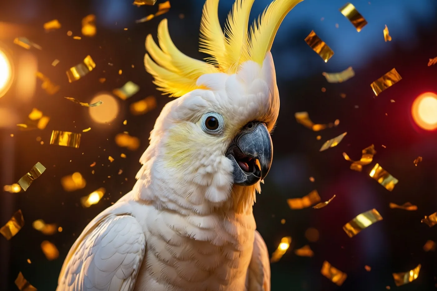 Een witte kaketoe met opgezette gele kuif staat tussen vallende gouden confetti, voor een donkere achtergrond met onscherpe warme en koele lichtjes.