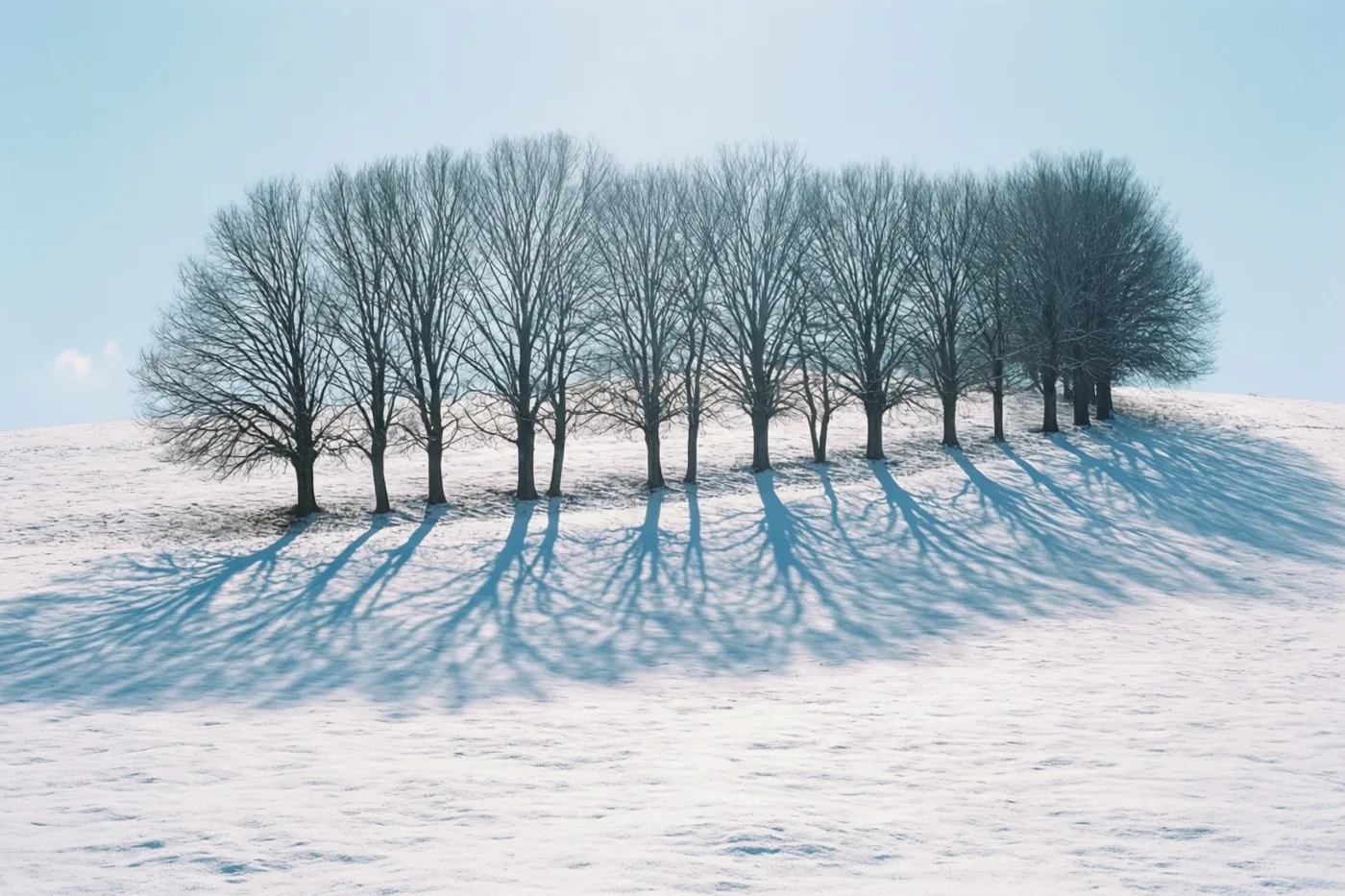 Een rij kale bomen staat op een besneeuwde helling en werpt lange, duidelijke schaduwen onder een heldere, lichtblauwe hemel.