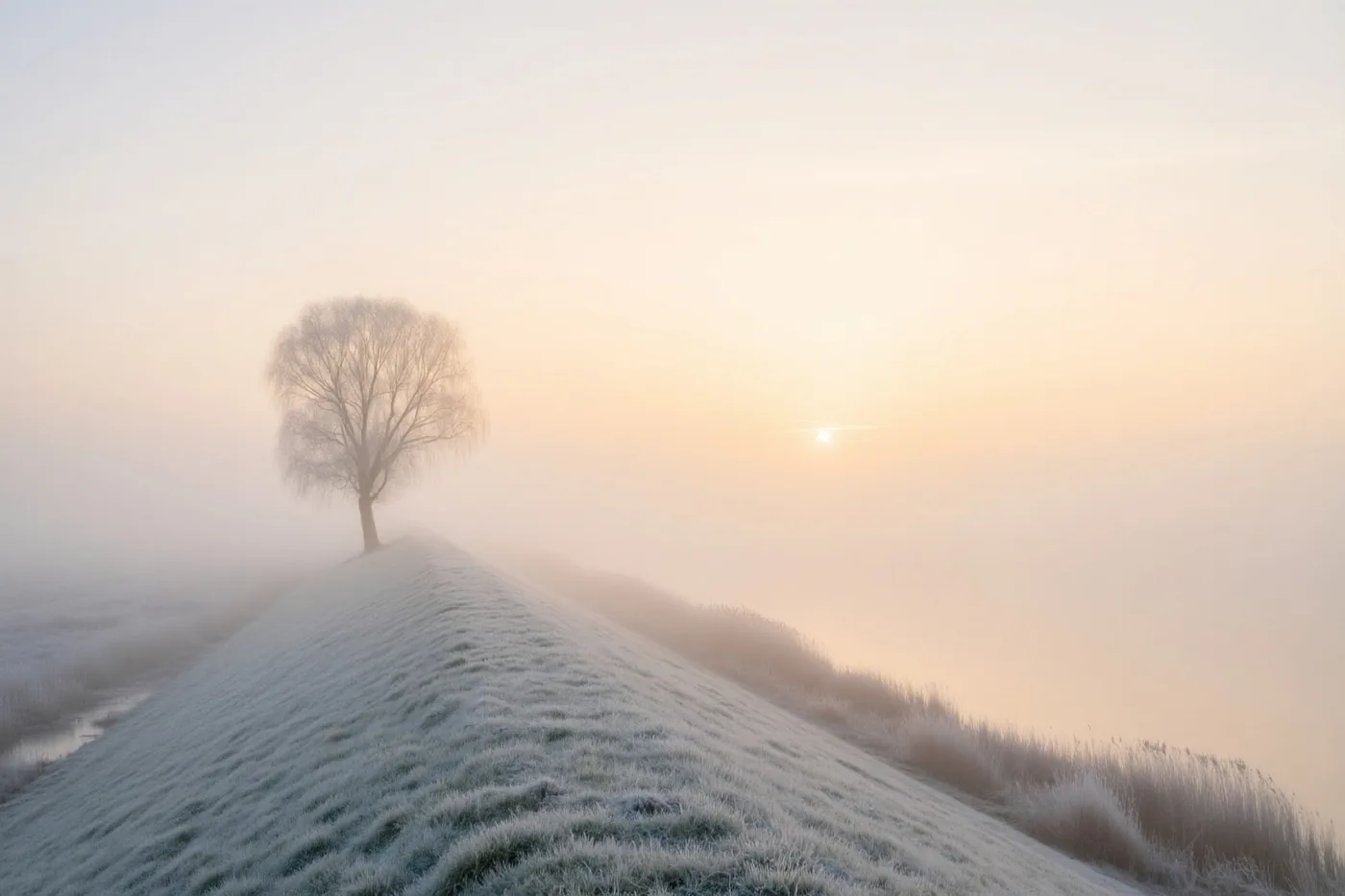 Een kale boom staat alleen op een met rijp bedekte dijk in de nevel, onder een lichtgele en witte ochtendhemel.