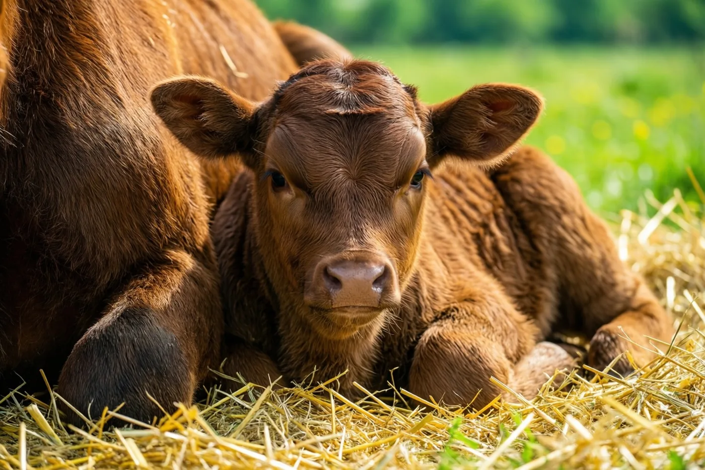 Een jong bruin kalfje ligt in goudgeel stro tegen zijn moeder aan, in een zonnige wei met groen gras op de achtergrond.