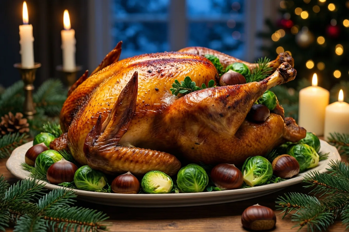 Een gebraden kalkoen ligt op een schaal tussen spruitjes en kastanjes op een houten tafel met dennentakken en kaarsen, met een onscherpe kerstboom op de achtergrond.