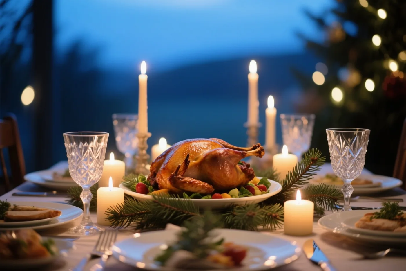 Een feestelijk gedekte tafel staat buiten in de schemering met een gebraden kalkoen, dennentakjes, brandende kaarsen en kristallen glazen, onder een donkerblauwe lucht met een onscherpe kerstboom op de achtergrond.