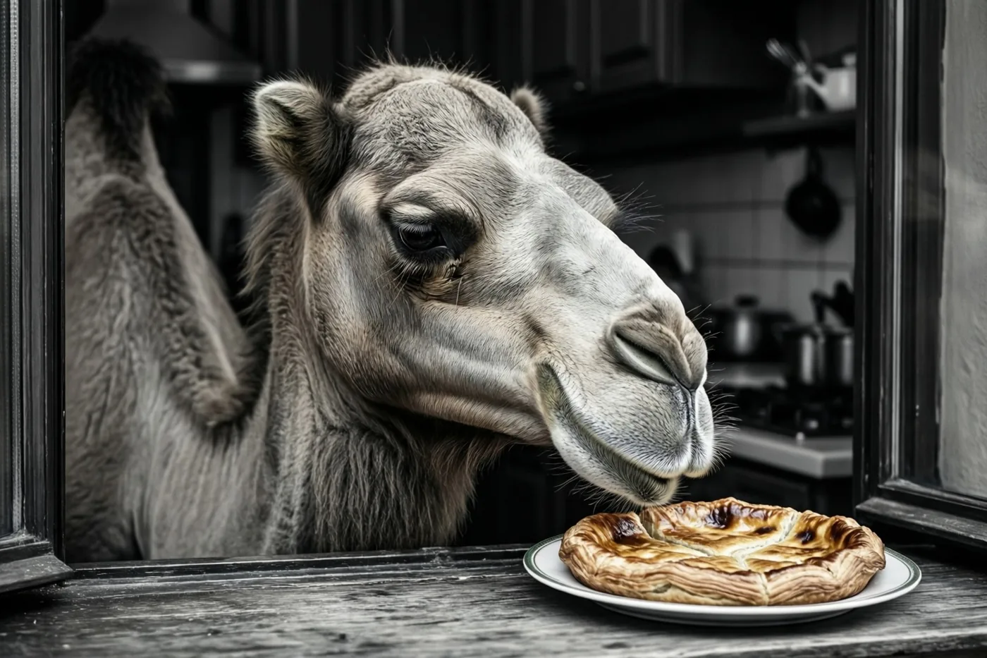 Een kameel kijkt door een keukenraam naar een galette op een bord op de vensterbank, op een grotendeels monochrome foto waarop het gebak kleur heeft.