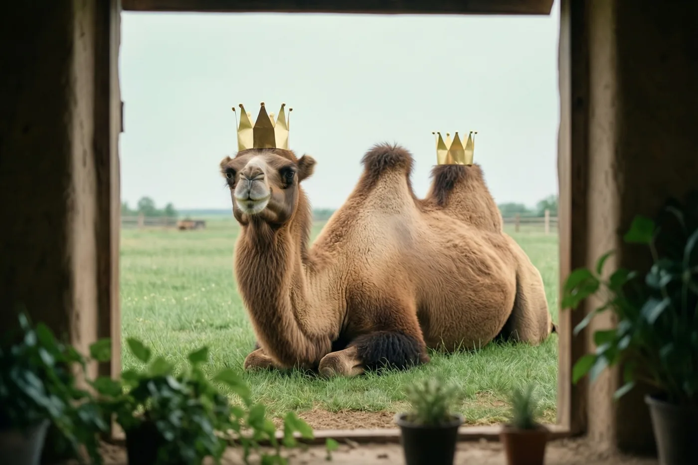 Door een houten raamkader met potplanten is een zittende kameel in een grasweide te zien met een goudkleurige papieren kroon op elk van zijn twee bulten.