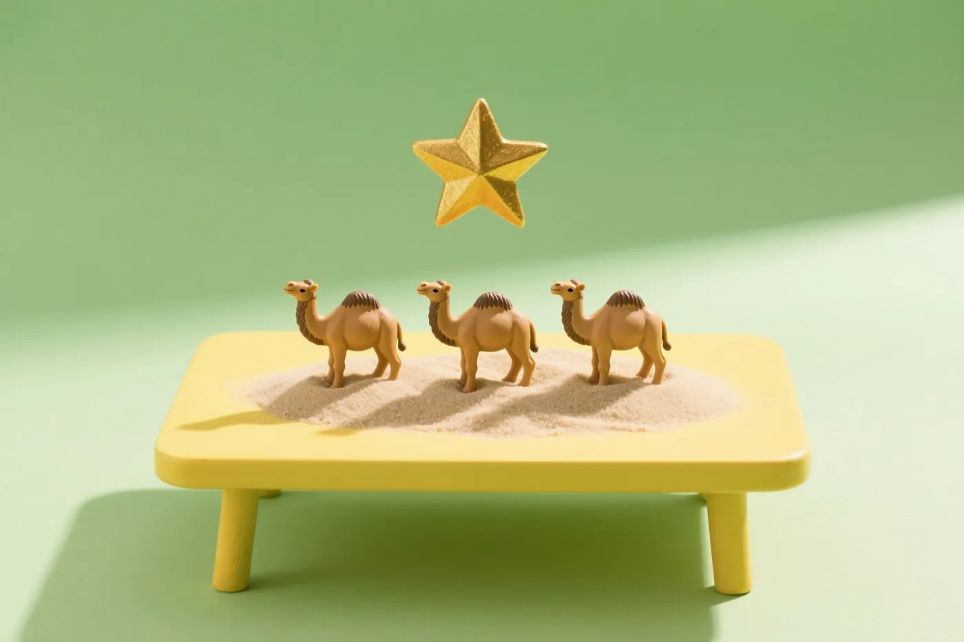 Drie kameelbeeldjes staan op zand op een gele tafel, met een gouden ster erboven tegen een groene achtergrond.