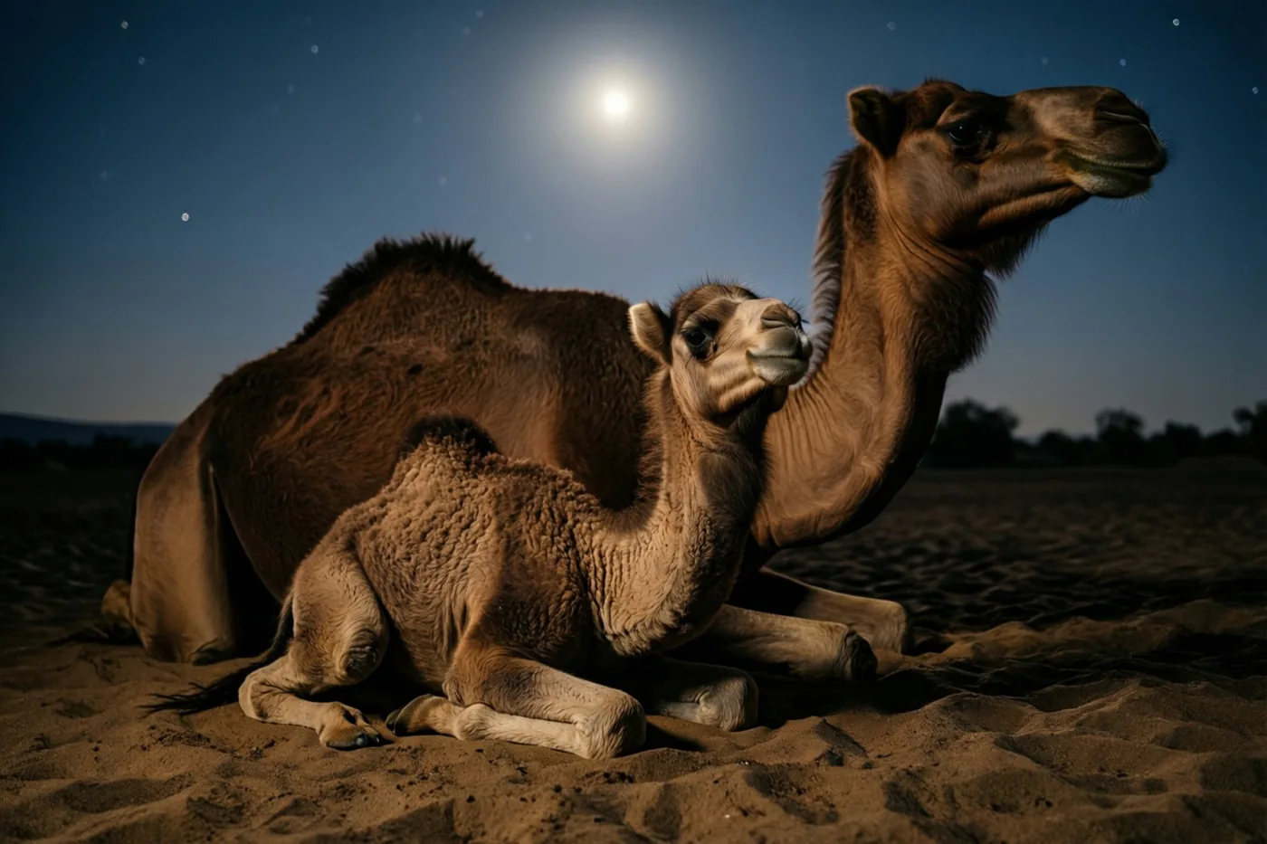 Een kamelenjong en zijn moeder rusten samen op zandgrond onder een heldere maan en sterrenhemel, verlicht door warm, zacht licht.