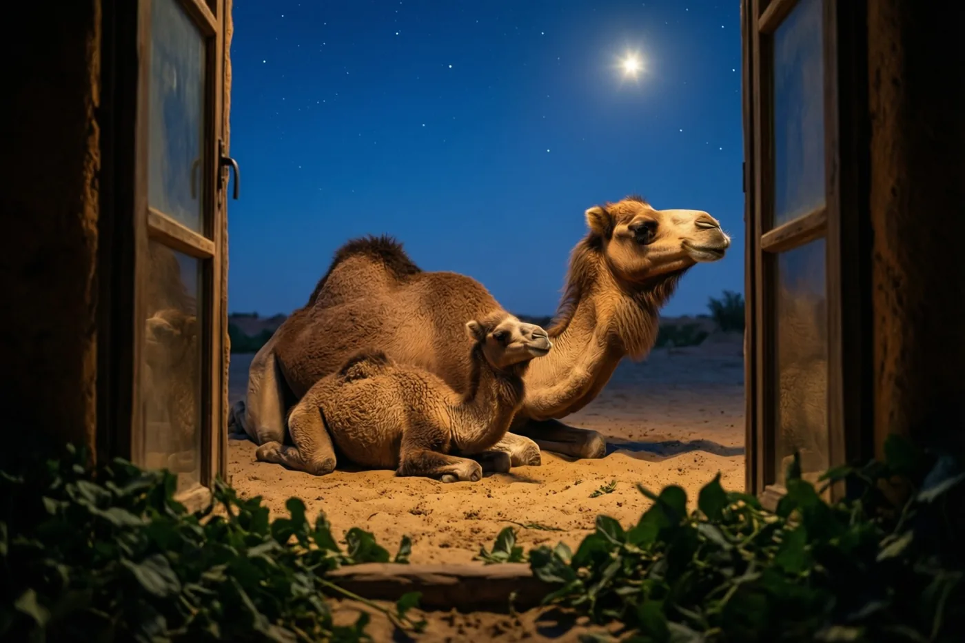 Door een open raam zijn een kamelenjong en zijn moeder te zien die samen in het zand liggen onder een heldere ster aan een nachtelijke woestijnhemel, in warme gouden en diepblauwe tinten.