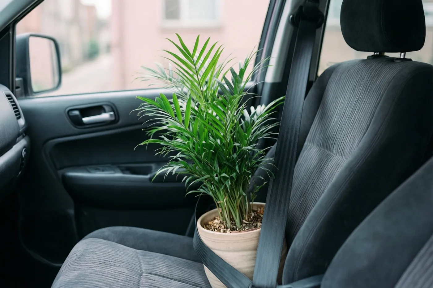 Een groene kamerplant in een pot staat met een veiligheidsgordel vast op de passagiersstoel van een voertuig met een donkergrijs interieur.