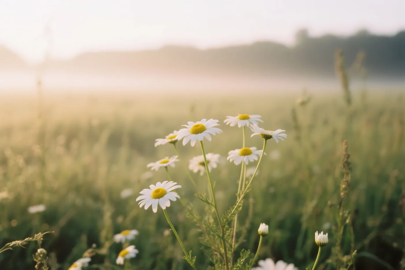 Kamillebloemen met witte blaadjes en gele hartjes bloeien tussen groen gras in zacht ochtendlicht, met een wazige, zonovergoten achtergrond.