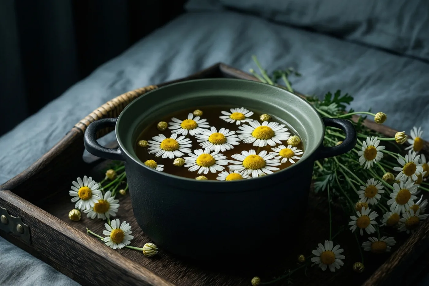 Een donkergroene keramische pot met kamillethee en drijvende kamillebloemen staat op een houten dienblad op een bed met grijs beddengoed.