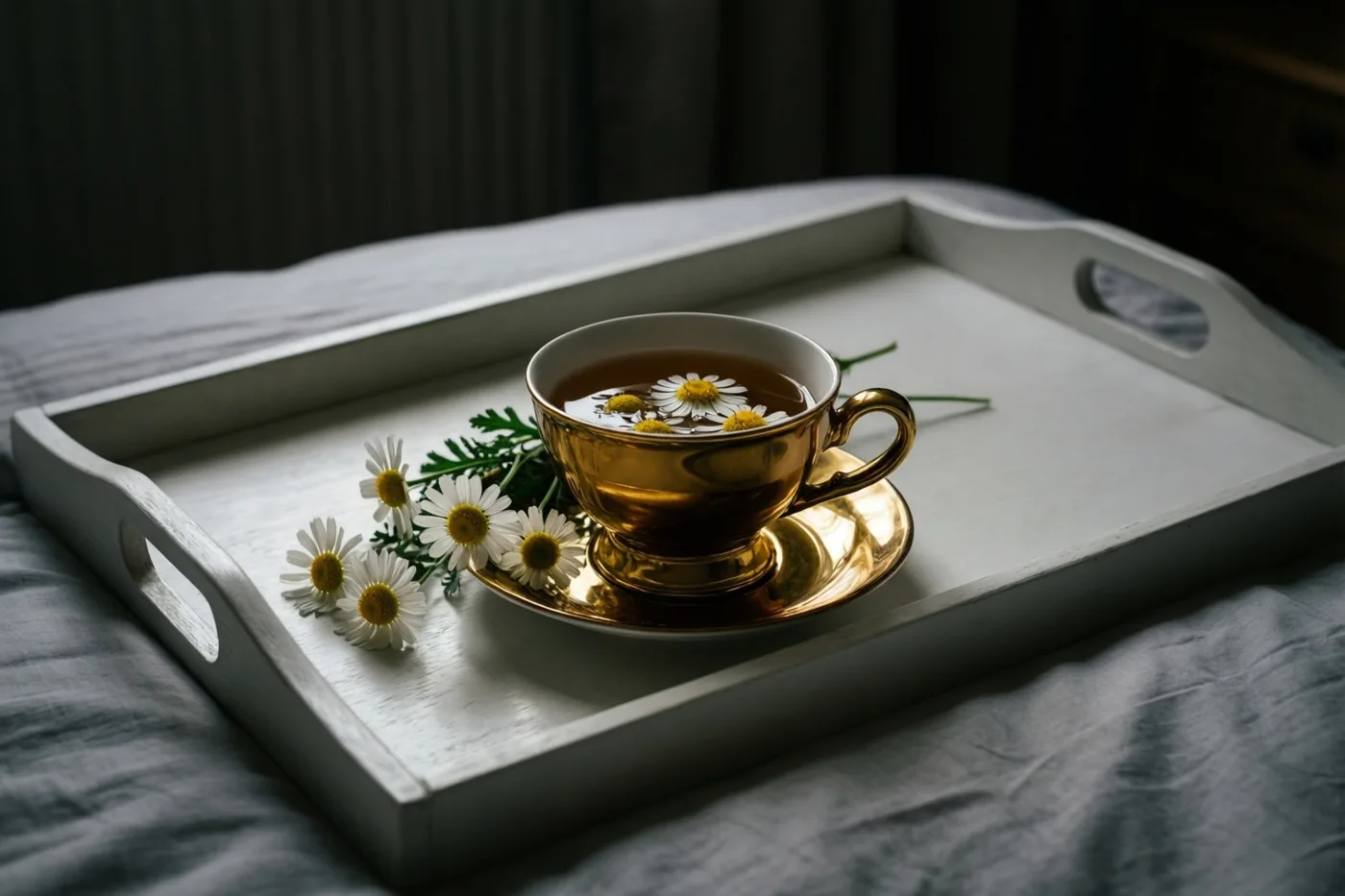 Een kop kamillethee met gouden rand en drijvende bloemen staat naast verse kamillebloemen op een wit dienblad op een grijze bedsprei in zacht licht.