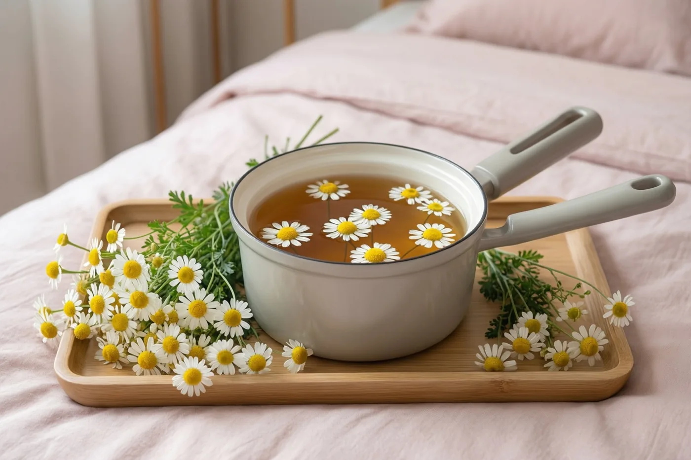 Een witte pot met kamillethee en drijvende kamillebloemen staat op een houten dienblad op een roze sprei in zacht licht.