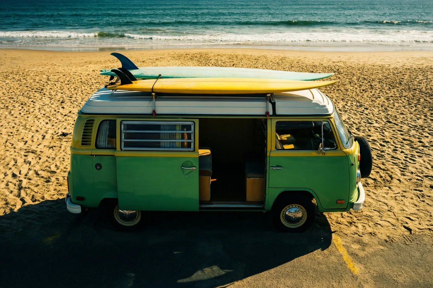 Een groen-witte kampeerbus uit de jaren zestig staat met surfplanken op het dak op een zonnig zandstrand, met de zee op de achtergrond.