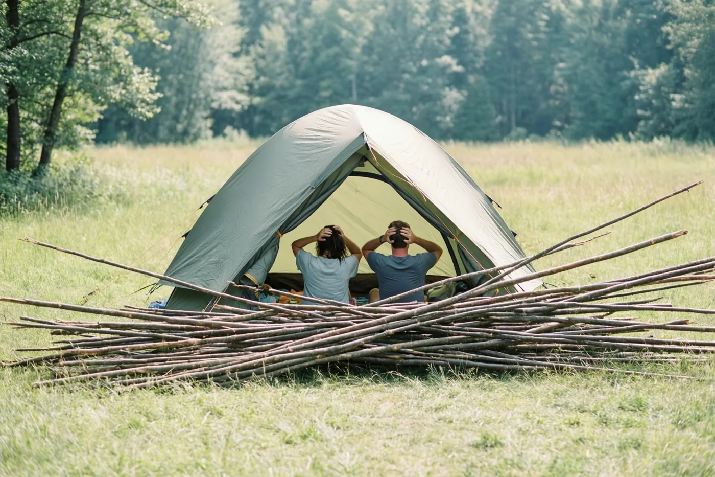 Twee mensen zitten met hun rug naar de camera in een ingestorte tent tussen houten stokken op een zonnig grasveld met bomen op de achtergrond.