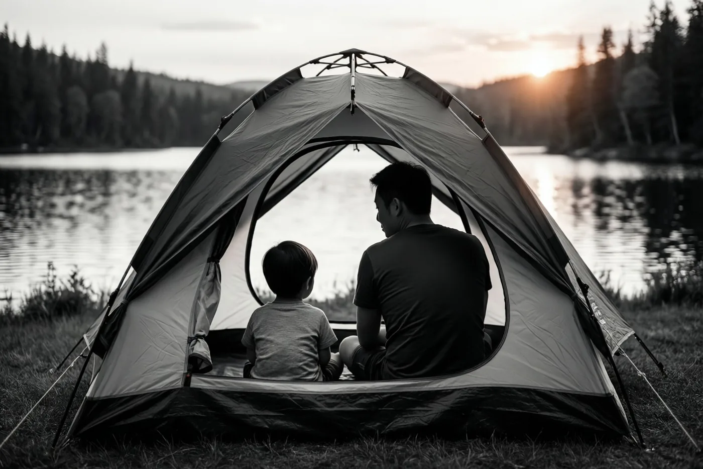 Een zwart-witfoto toont een vader en een kind van achteren, zittend in een kleine tent aan een meer bij zonsondergang.