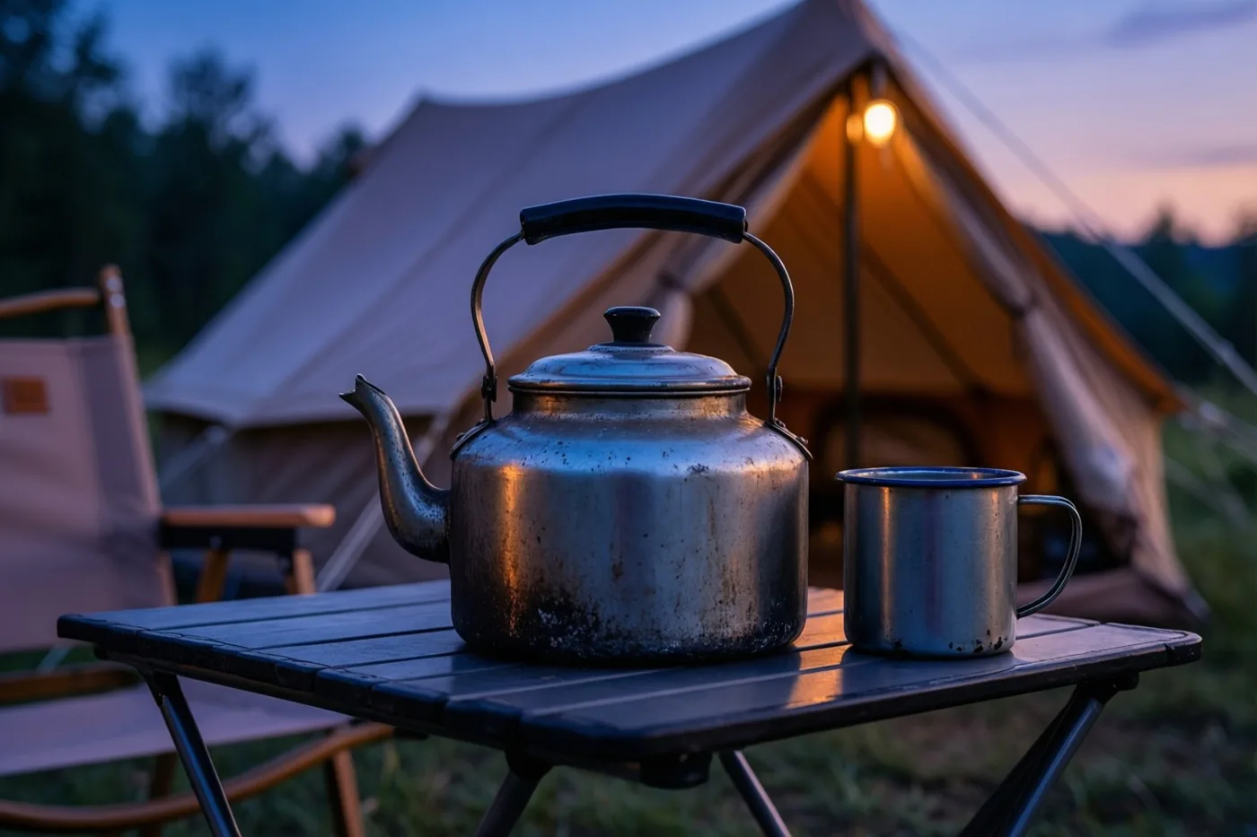 Een oude geëmailleerde kampeerketel en een tinnen mok staan op een klaptafel voor een canvas tent, met warm licht uit de tent onder een blauwe schemerhemel.