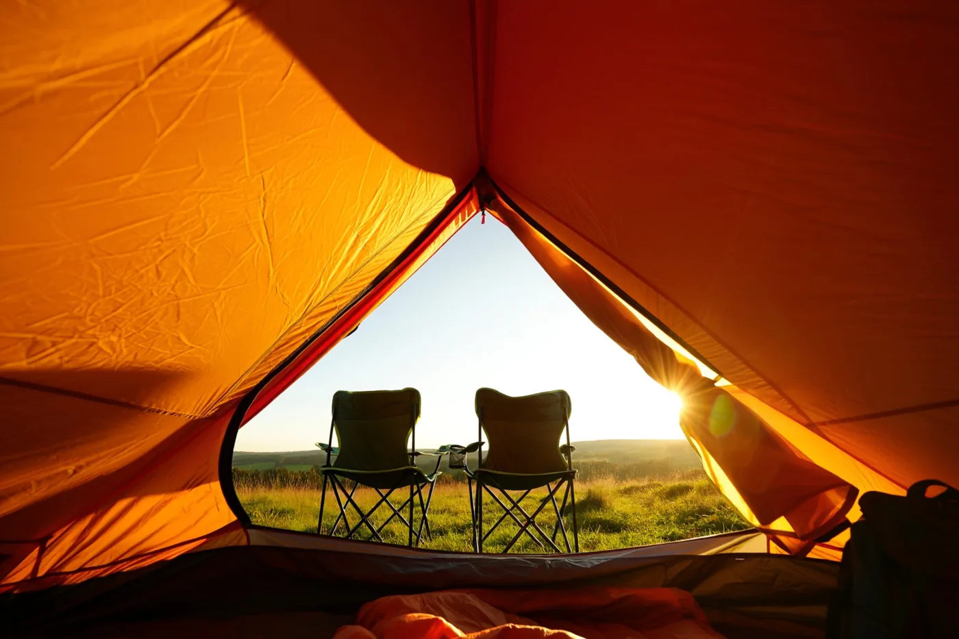 Vanuit een oranje tent zijn twee groene kampeerstoelen te zien die afsteken tegen de ondergaande zon boven een grasveld.
