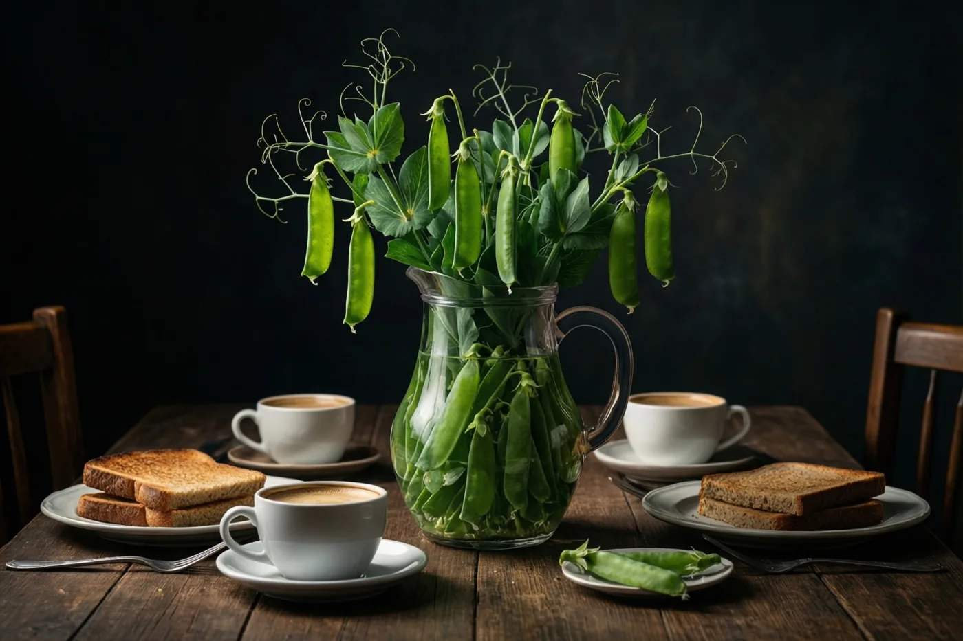 Een glazen kan met groene lathyruspeulen en bladeren staat op een donkere houten tafel tussen drie koppen koffie en borden toast tegen een donkere achtergrond.