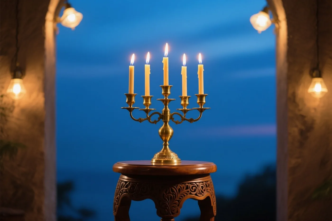 Een messing kandelaar met vijf brandende kaarsen staat op een houten krukje met sierlijk snijwerk, met hanglampen rondom en een blauwe schemerlucht achter een boogopening.