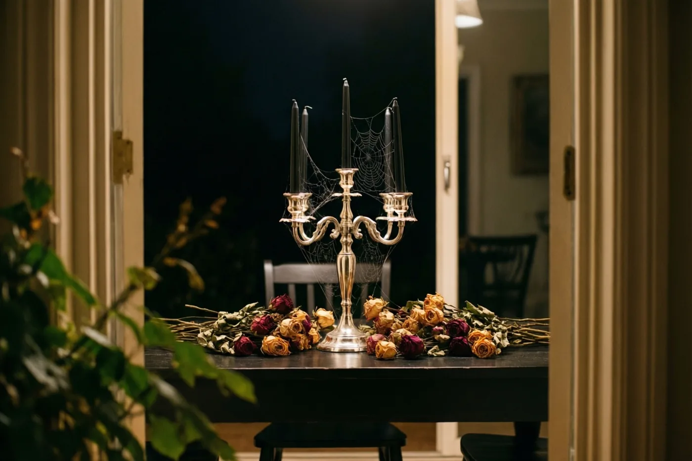 Door een open deuropening is 's nachts een zilveren kandelaar met zwarte kaarsen en fijne spinnenwebben te zien op een donkere eettafel tussen gedroogde rozen.