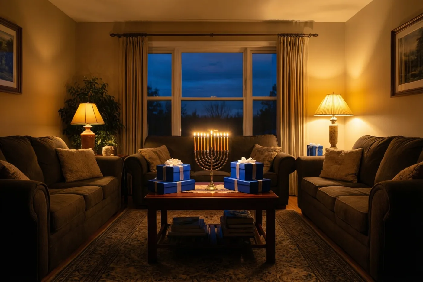 Een brandende kandelaar en blauwe cadeaudozen met witte strikken staan op een houten salontafel bij een raam, in een avondlijk verlichte woonkamer met bruine zetels en een tapijt met motief.