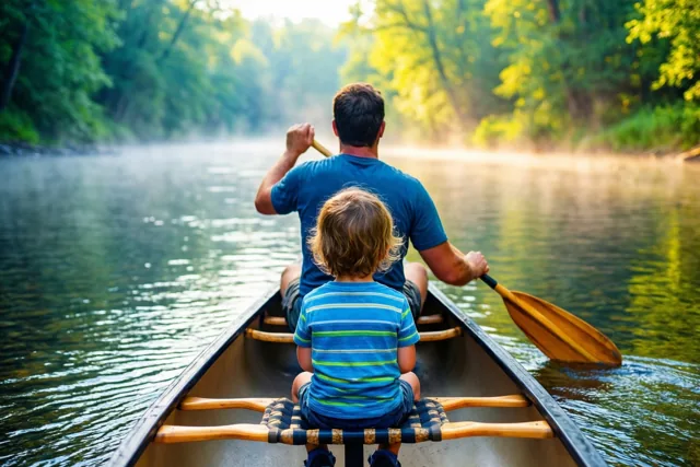 Papa, peddelen in de ochtendzon