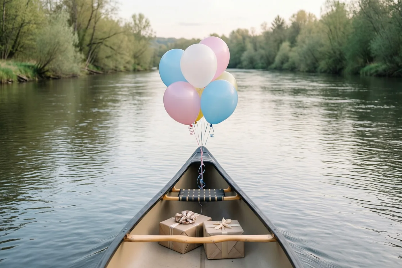 Een kano met pastelballonnen aan de boeg en twee ingepakte cadeaus op het zitje drijft op een rustige rivier tussen groene bomen.
