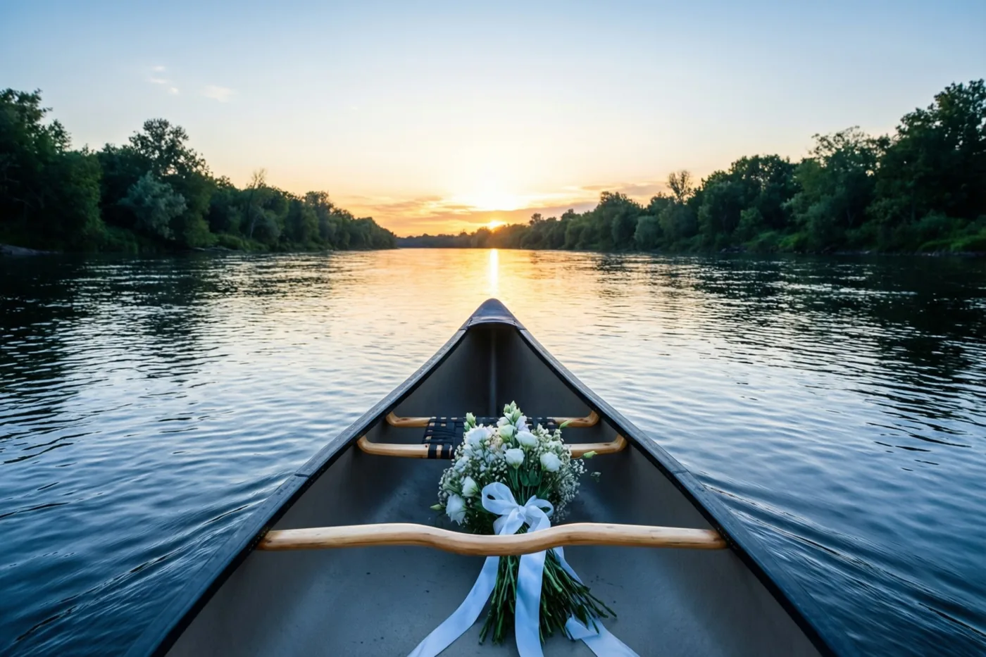 Een kano drijft van voren gezien op een rustige rivier bij zonsondergang met een boeket witte bloemen en een wit lint erin, tussen beboste oevers onder een oranjeblauwe lucht.