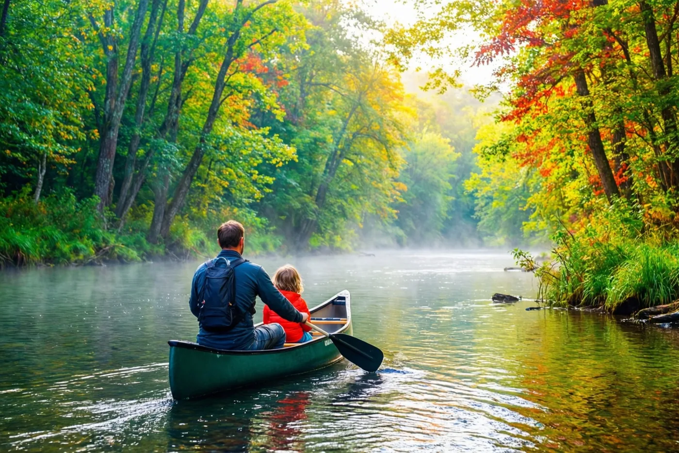 Een vader en een kind peddelen in een kano op een mistige rivier, gezien vanaf de oever met groen, geel en rood herfstgebladerte langs het water.