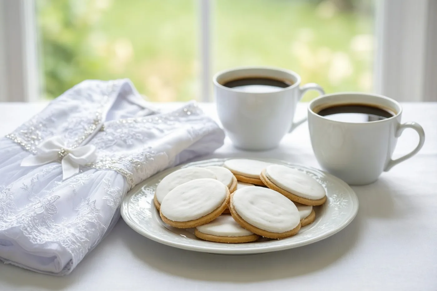 Twee kopjes koffie, een bord koekjes met wit glazuur en een opgevouwen wit kanten doopkleed liggen op een wit tafelkleed bij een raam.
