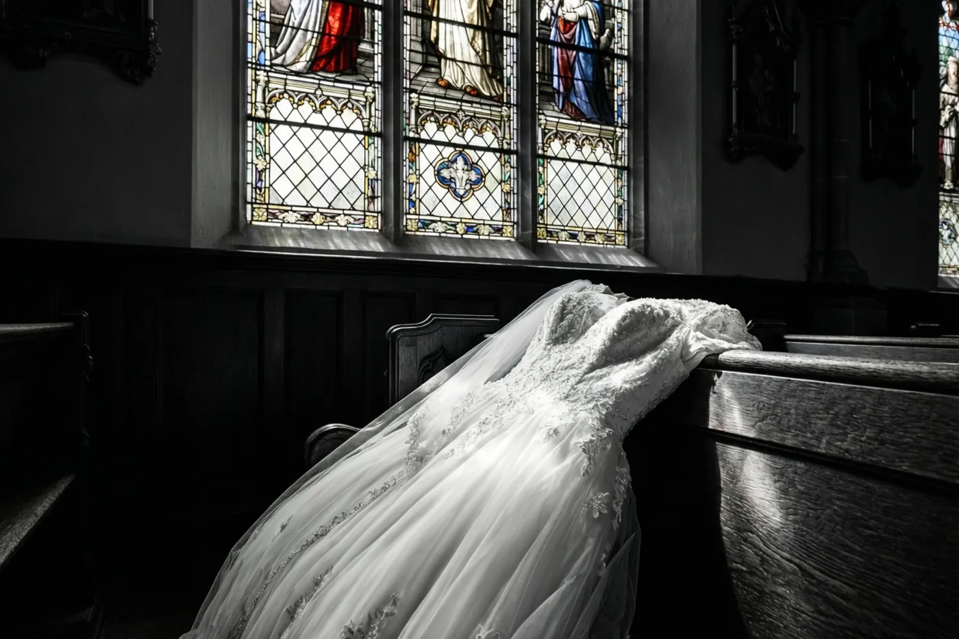 Een wit doopkleed met kanten details ligt over een donkere houten kerkbank, verlicht door een glasraam in een schemerige kerk met houten lambrisering en religieuze kunst.