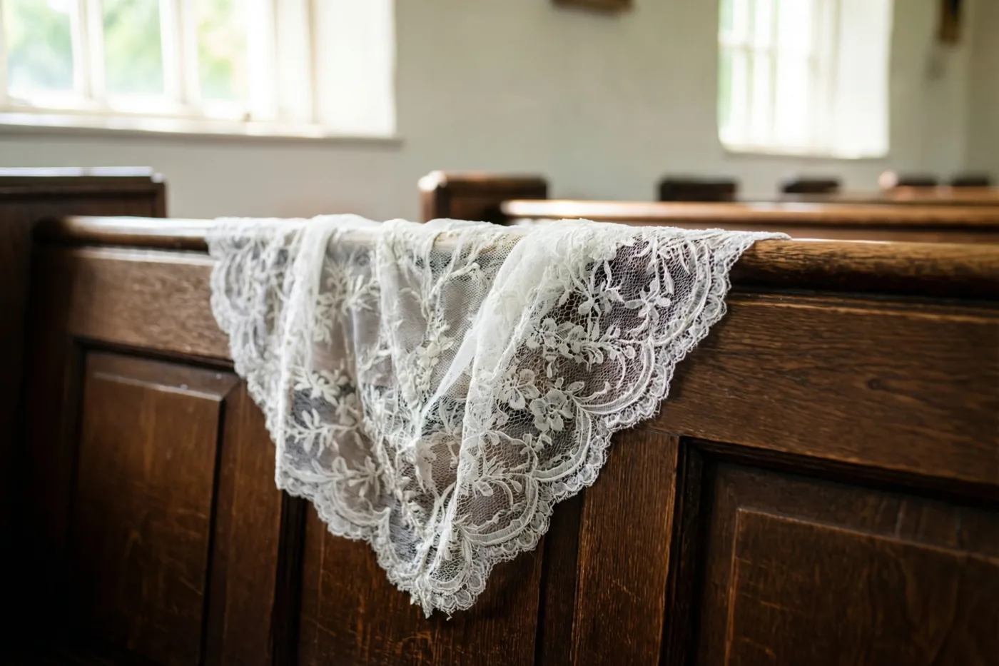 Een fijne witte kanten doopsjaal hangt over de rugleuning van een donkere houten kerkbank, verlicht door daglicht uit de ramen erachter.