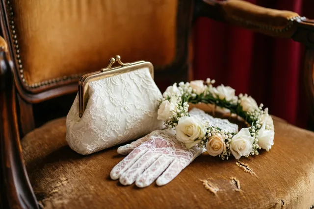 Een oud wit kanten tasje, kanten handschoenen en een bloemenkroon liggen op een versleten fluwelen stoel in warme tinten met witte, gouden en dieprode accenten.