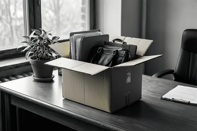 Een kartonnen doos met kantoorspullen staat op een donker houten bureau naast een potplant, met een bureaustoel en raam op de achtergrond in een monochroom beeld.