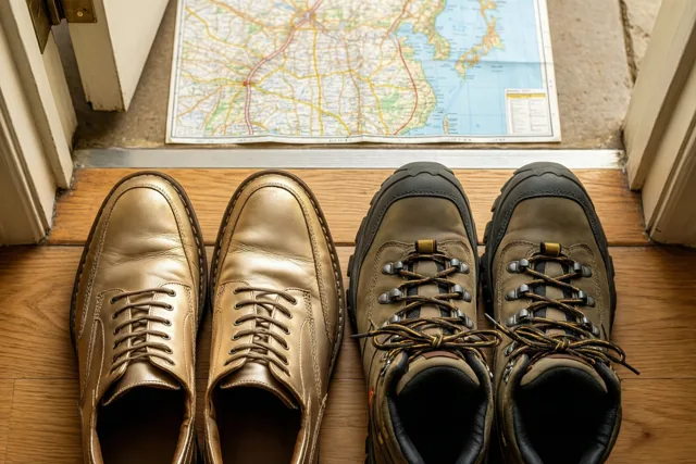 Een paar versleten goudkleurige kantoorschoenen en nieuwe bruine wandelschoenen staan op een houten vloer bij een deuropening, met een landkaart op de drempel.