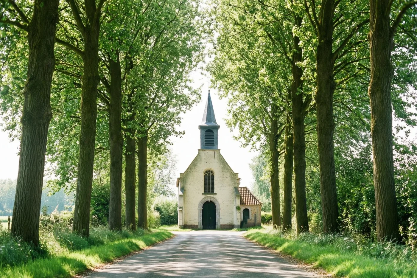 Een kleine kapel met een spitse toren staat aan het einde van een verharde landweg tussen hoge groene bomen, in helder zonlicht onder een bleke hemel.