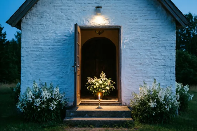 Bij de open deur van een witgekalkte kapel staan witte bloemen en een brandende doopkaars op de stenen trede, onder een blauwe avondlucht.
