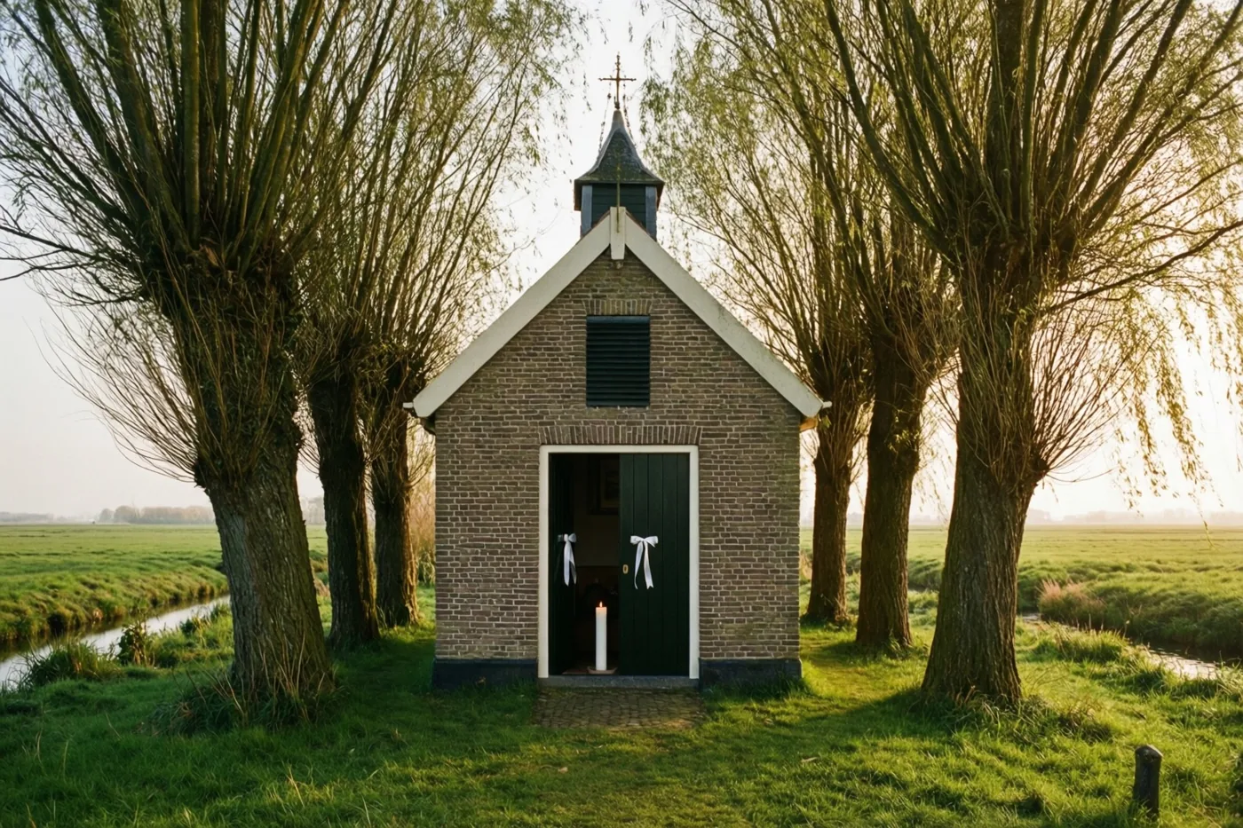 Een kleine bakstenen kapel met witte linten aan een donkergroene deur staat tussen knotwilgen in een groen polderlandschap in warm goudkleurig licht.